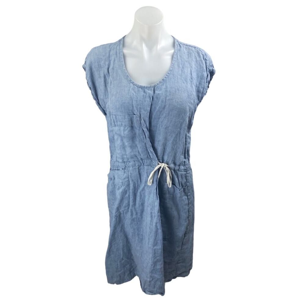 Elsa Esturgie Blue 100% Linen Short Sleeve Tie Waist Blouson Mini Shirt Dress 6